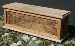 Hand carved solid oak jewelry box - Cabin Scene side with lid and base Angle Photo