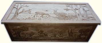 Custom Solid Cherry Safari Chest - Fully Carved with Wildlife Scenes - In Progress Carved Dryfit Front View