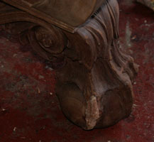 Circa 1904 Mahogany Bedroom Set Restoration Carving Detail Ball & Claw Foot Closeup In Progress