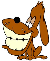 Artisans of the Valley Restoration Services - Cartoon Dog with HUGE smiling teeth showing rewards for dogs that give us a job.