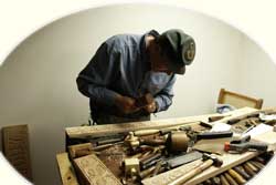 Stanley Saperstein at carving bench