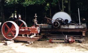 Old fashioned gas motor power example for sawmill