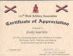 Certificate of Appriciate 112th Field Artillery - Stanley D. Saperstein
