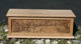 Hand carved solid oak jewelry box - Cabin Scene side with lid and base
