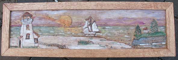 Hand Carved Custom Oak Jewelry Box In progress - Carved and Detail Beach Scene in Frame Tinted