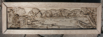 Hand Carved Custom Oak Jewelry Box In progress - Carved and Detail Burned Cabin Scene in Frame