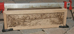 Hand Carved Custom Oak Jewelry Box In progress - Carved and Detail Burned Cabin Scene in Frame Dryfit in Box