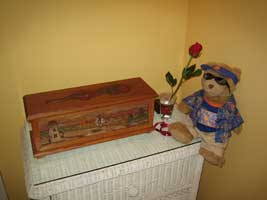 Hand Carved Custom Oak Jewelry Box In progress - Beach Scene Complete with Rose and Bear after delivery