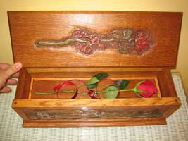 Hand Carved Custom Oak Jewelry Box In progress - Complete Rose Carving & The Real Rose & Diamond Ring