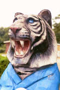 Artisans of the Valley feature Chainsaw Carving by Bob Eigenrauch - Tiger in Bathrobe Mailbox Face Closeup