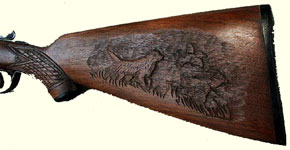 Hand Carved Gunstock - Dog and Pheasant Gunstock carving
