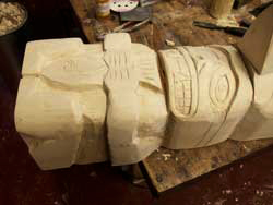 Custom solid poplar hand carved totem pole in progress by Artisans of the Valley