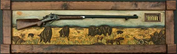 Hand Carved Wildlife Buffalo Scene Panel In Progress With Frame and Rifle Completed