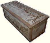 Custom Solid Cherry Safari Chest - Fully Carved with Wildlife Scenes - In Progress Carved Dryfit Angle View